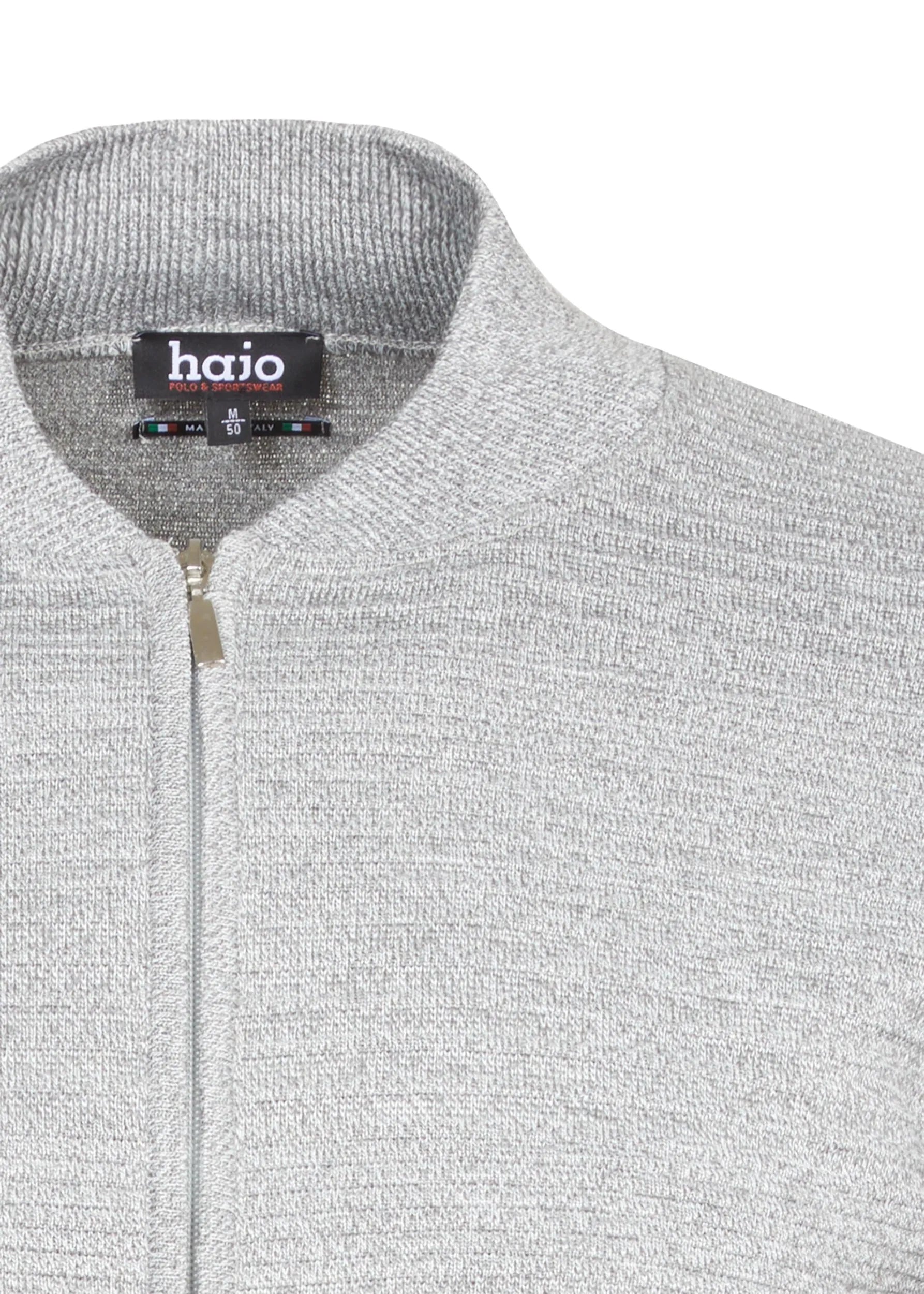 Grauer Pullover mit Reißverschluss, geripptem Kragen und Bündchen, Marke Halo.