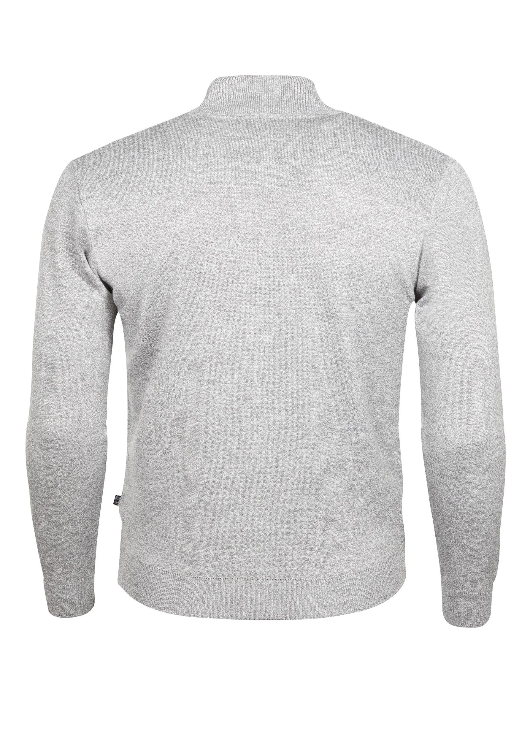 Ergrauer Pullover mit hohem Kragen und langen Ärmeln.