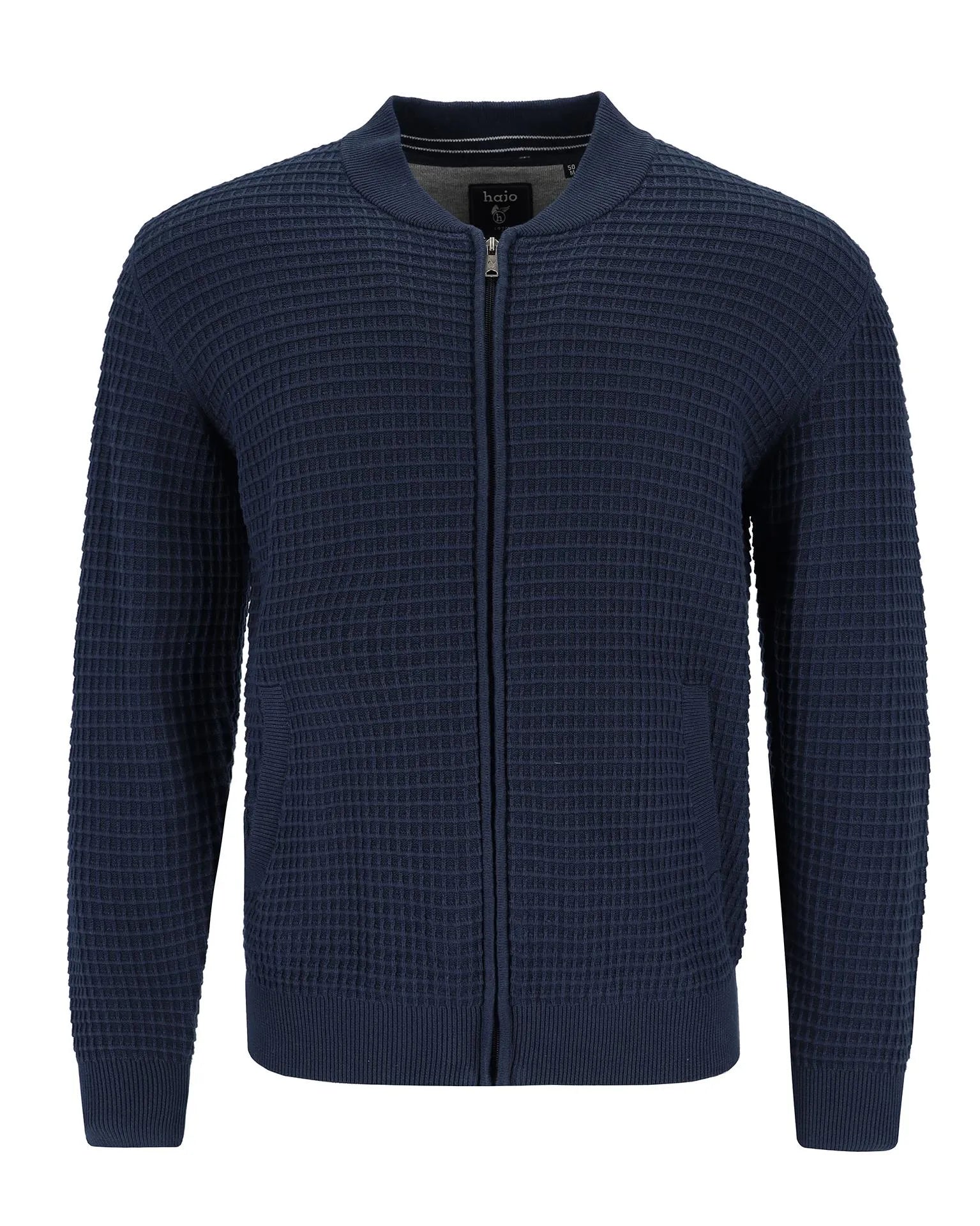 Marineblaue, strukturierte Pulloverjacke mit Reißverschluss, gerippten Ärmelbündchen und Kragen, mit dezentem Webmuster.