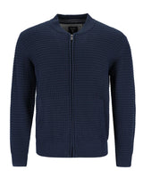 Marineblaue, strukturierte Pulloverjacke mit Reißverschluss, gerippten Ärmelbündchen und Kragen, mit dezentem Webmuster.
