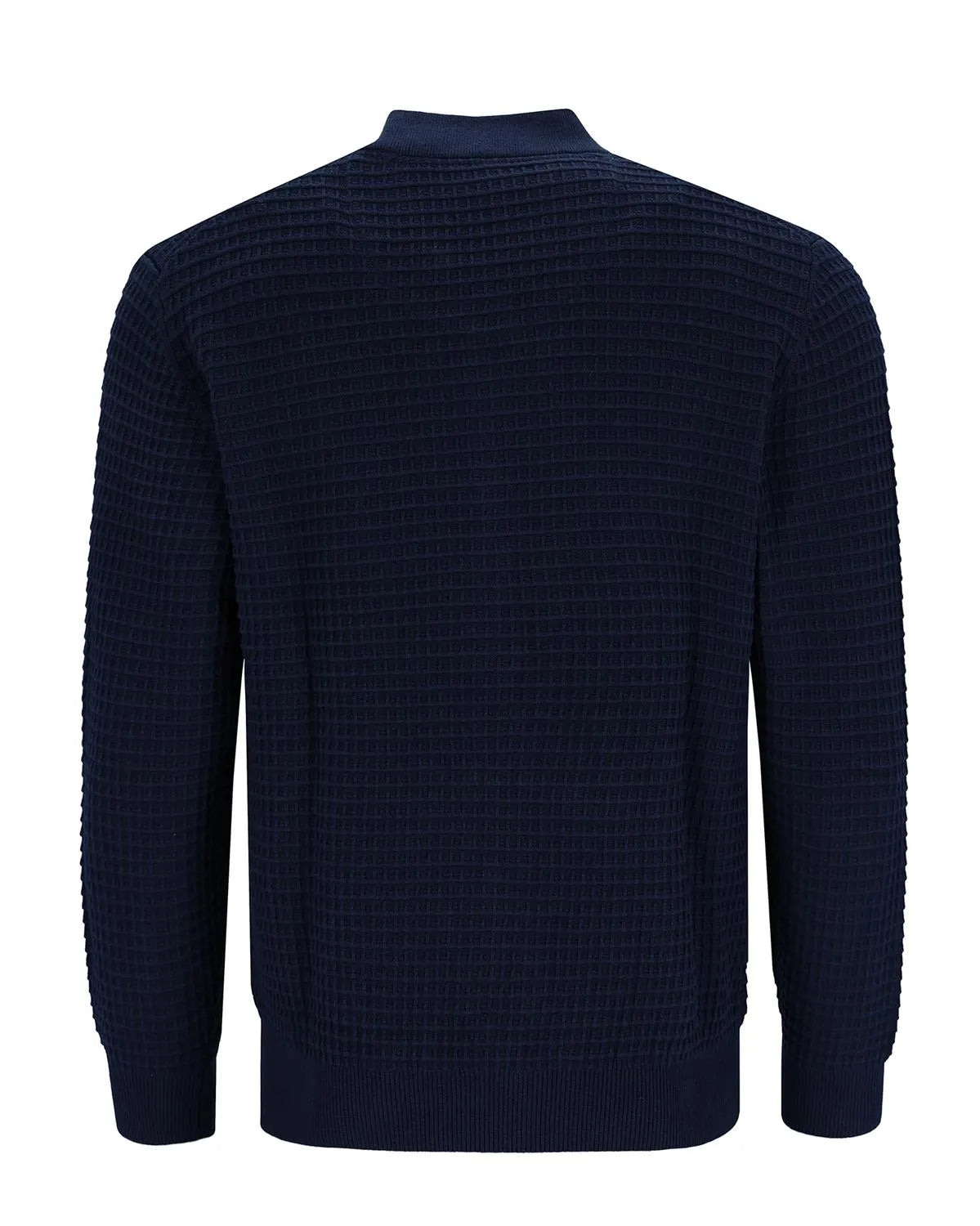 Marineblauer strukturierter Pullover mit gerippten Details und Rundhalsausschnitt.