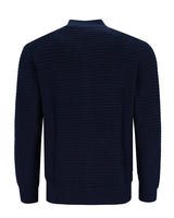 Marineblauer strukturierter Pullover mit gerippten Details und Rundhalsausschnitt.