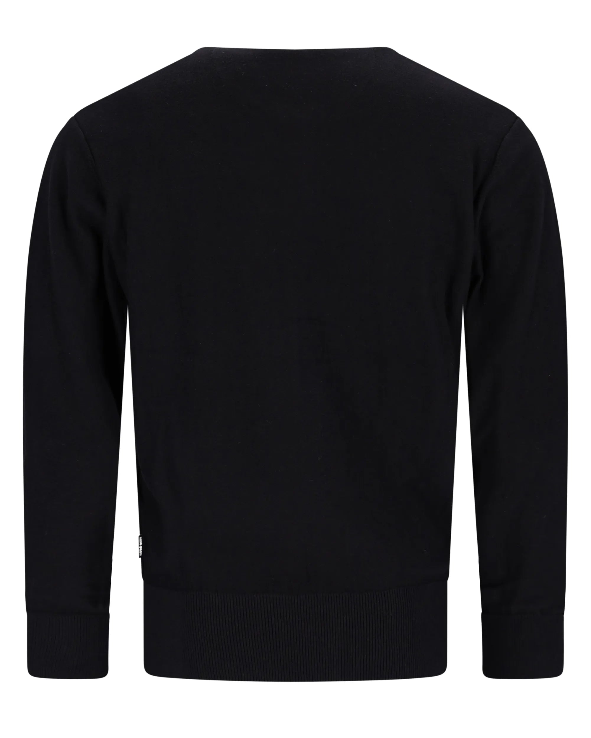 Schwarzer Pullover mit Rundhalsausschnitt und gerippten Bündchen und Saum, wahrscheinlich aus Baumwolle oder Polyestermischung.