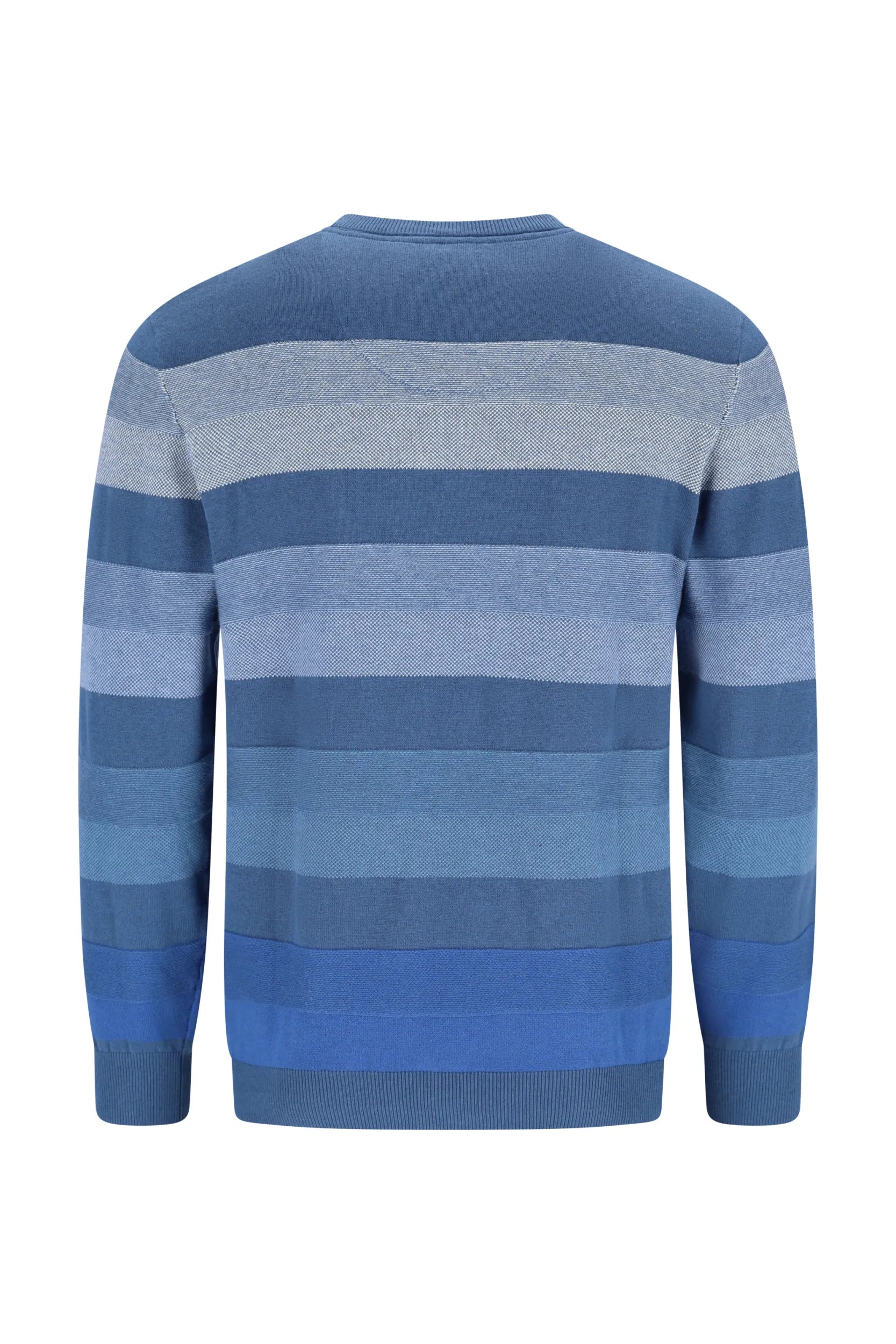 Blau gestreifter Pullover mit Rundhalsausschnitt und langen Ärmeln.