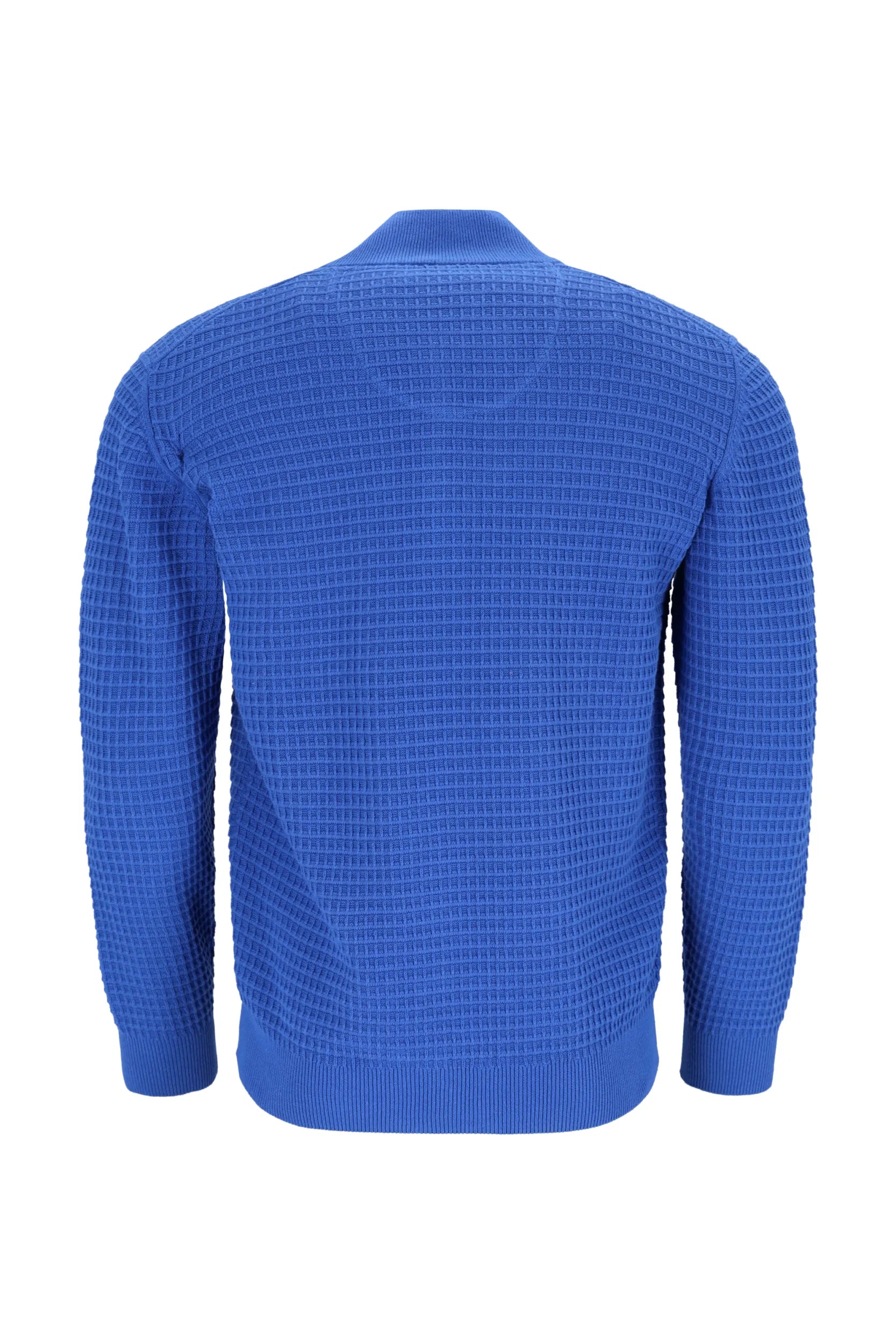 Königsblauer strukturierter Pullover mit geripptem Kragen und Manschetten, wahrscheinlich aus Wolle oder Acryl.