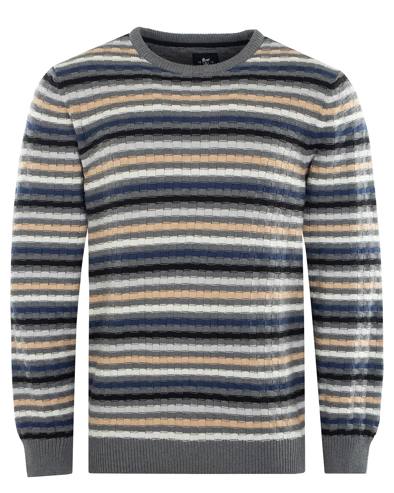 Gestreifter Pullover mit Rundhalsausschnitt, in Grau- und Beigetönen gehalten.