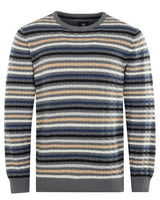 Gestreifter Pullover mit Rundhalsausschnitt, in Grau- und Beigetönen gehalten.