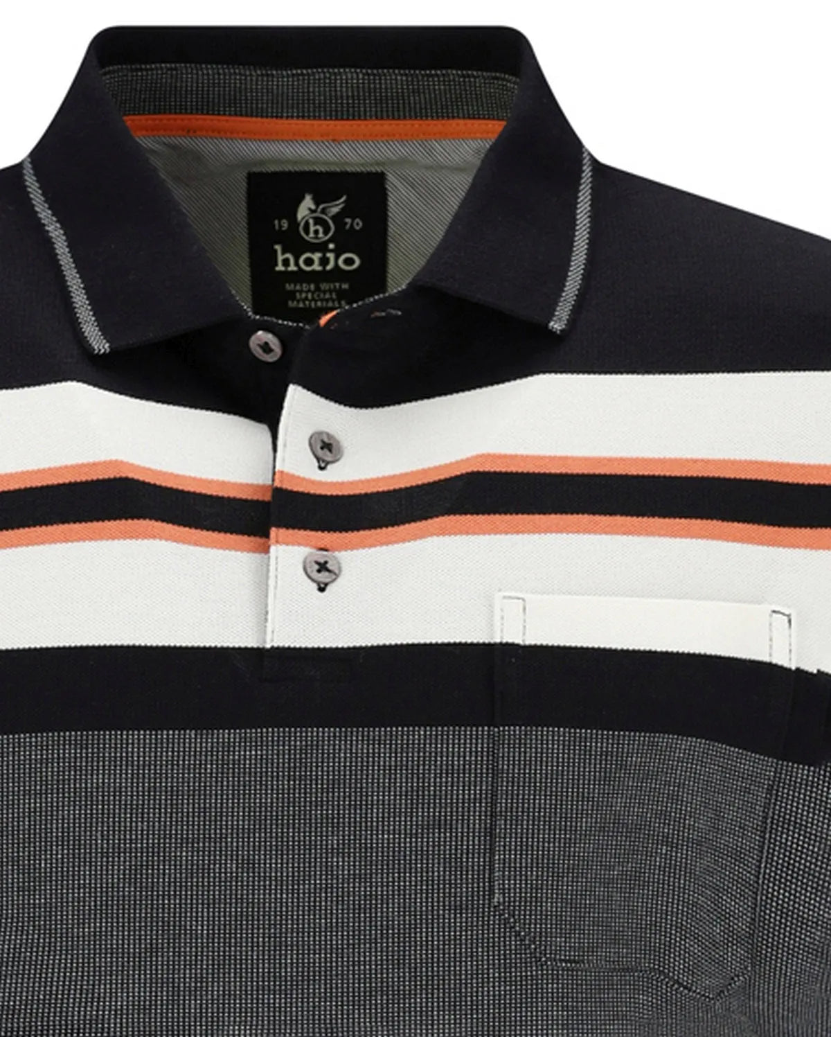 Schwarz-weiß gestreiftes Poloshirt mit orangefarbenen Akzenten, aus Baumwolle.