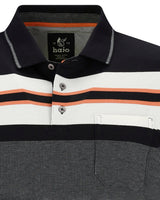 Schwarz-weiß gestreiftes Poloshirt mit orangefarbenen Akzenten, aus Baumwolle.