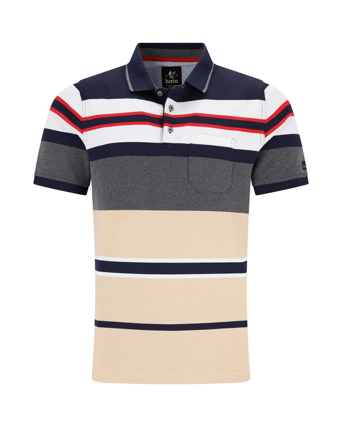 Beige und marineblau gestreiftes Poloshirt mit roten Akzenten, kurze Ärmel, Button-Down-Kragen.