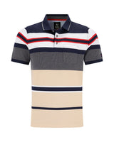 Beige und marineblau gestreiftes Poloshirt mit roten Akzenten, kurze Ärmel, Button-Down-Kragen.