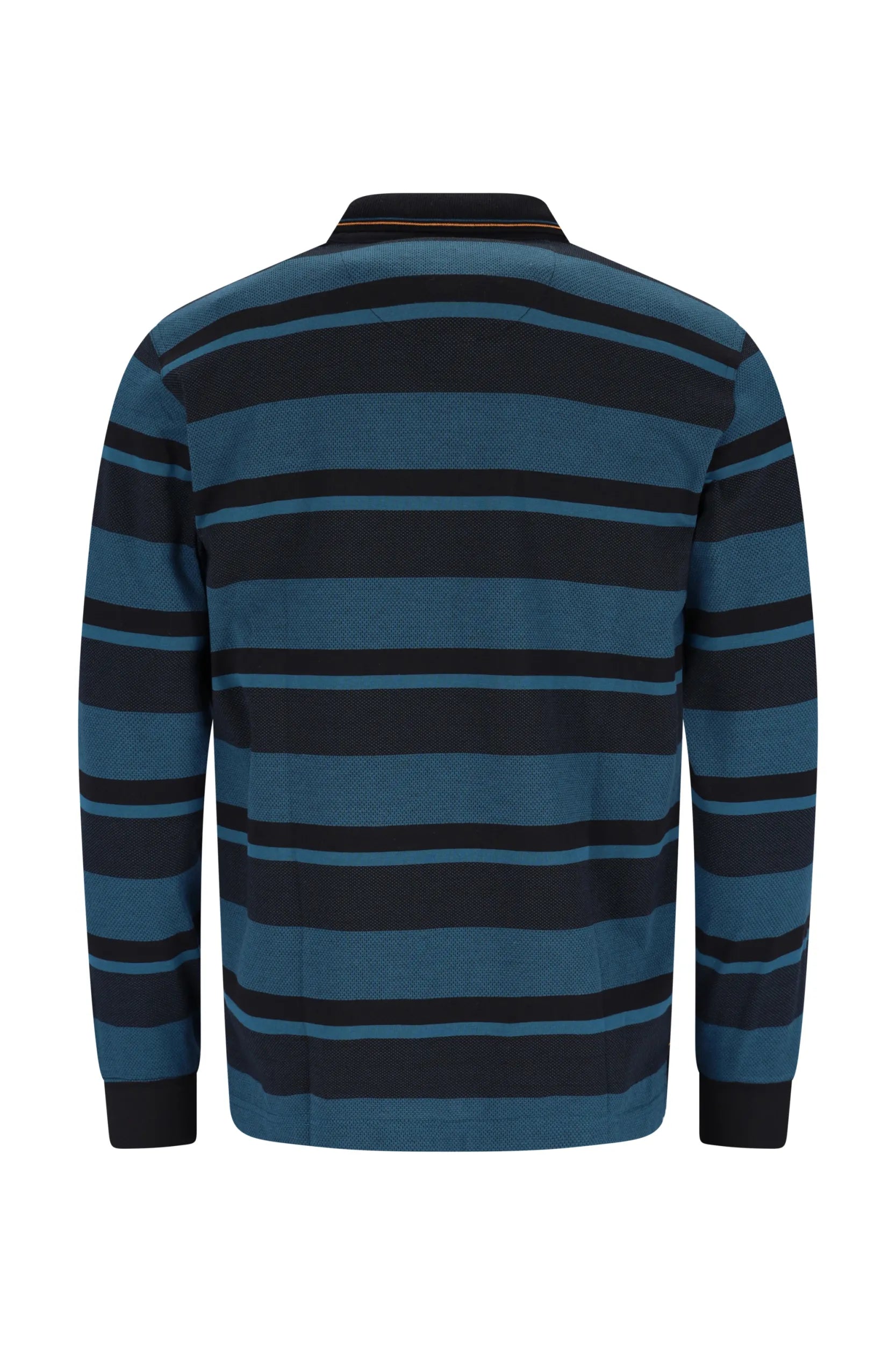Blau-schwarz gestreiftes Poloshirt mit Kragen.