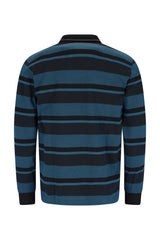 Blau-schwarz gestreiftes Poloshirt mit Kragen.