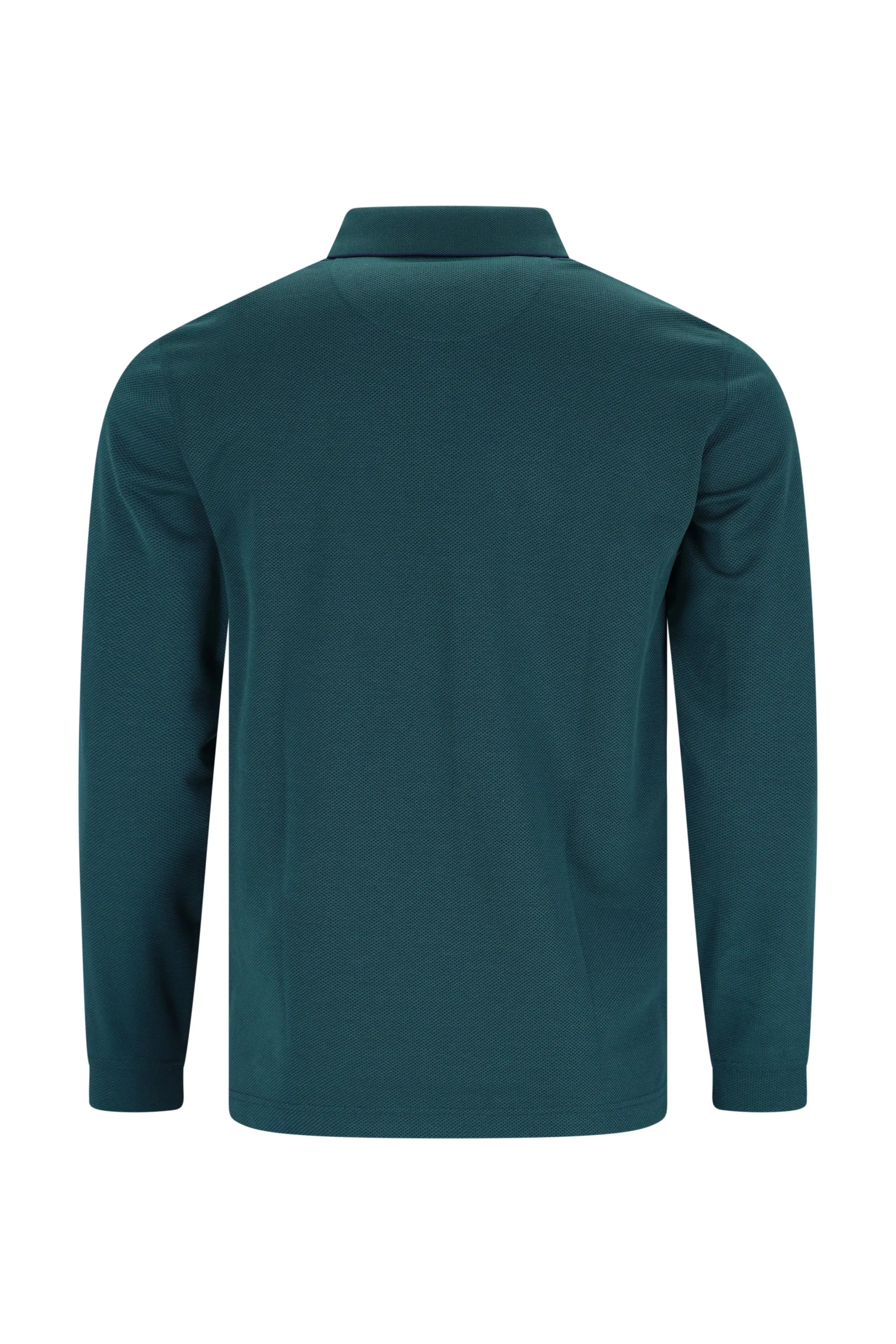 Dunkelgrünes Poloshirt mit langen Ärmeln und Kragen, aus Baumwolle.