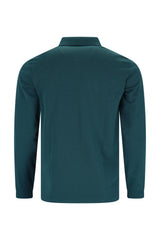 Dunkelgrünes Poloshirt mit langen Ärmeln und Kragen, aus Baumwolle.