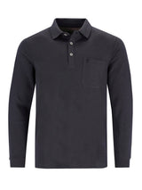 Schwarzes langärmliges Poloshirt mit Tasche und Knopfverschluss, wahrscheinlich aus Baumwolle oder Polyester-Mischung.