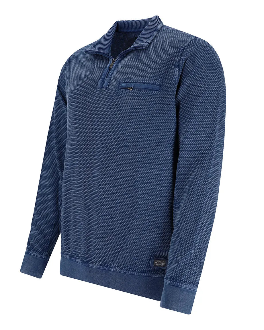 Marineblauer strukturierter Pullover mit halbem Reißverschluss und Taschendetails.