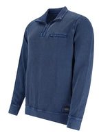 Marineblauer strukturierter Pullover mit halbem Reißverschluss und Taschendetails.