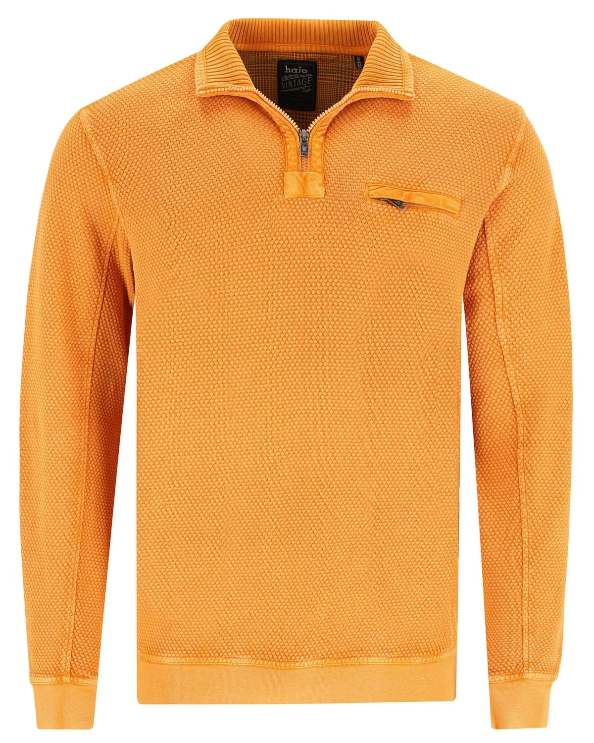 Orangefarbener, strukturierter Pullover mit Viertelreißverschluss und Taschendetail.