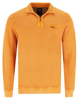 Orangefarbener, strukturierter Pullover mit Viertelreißverschluss und Taschendetail.