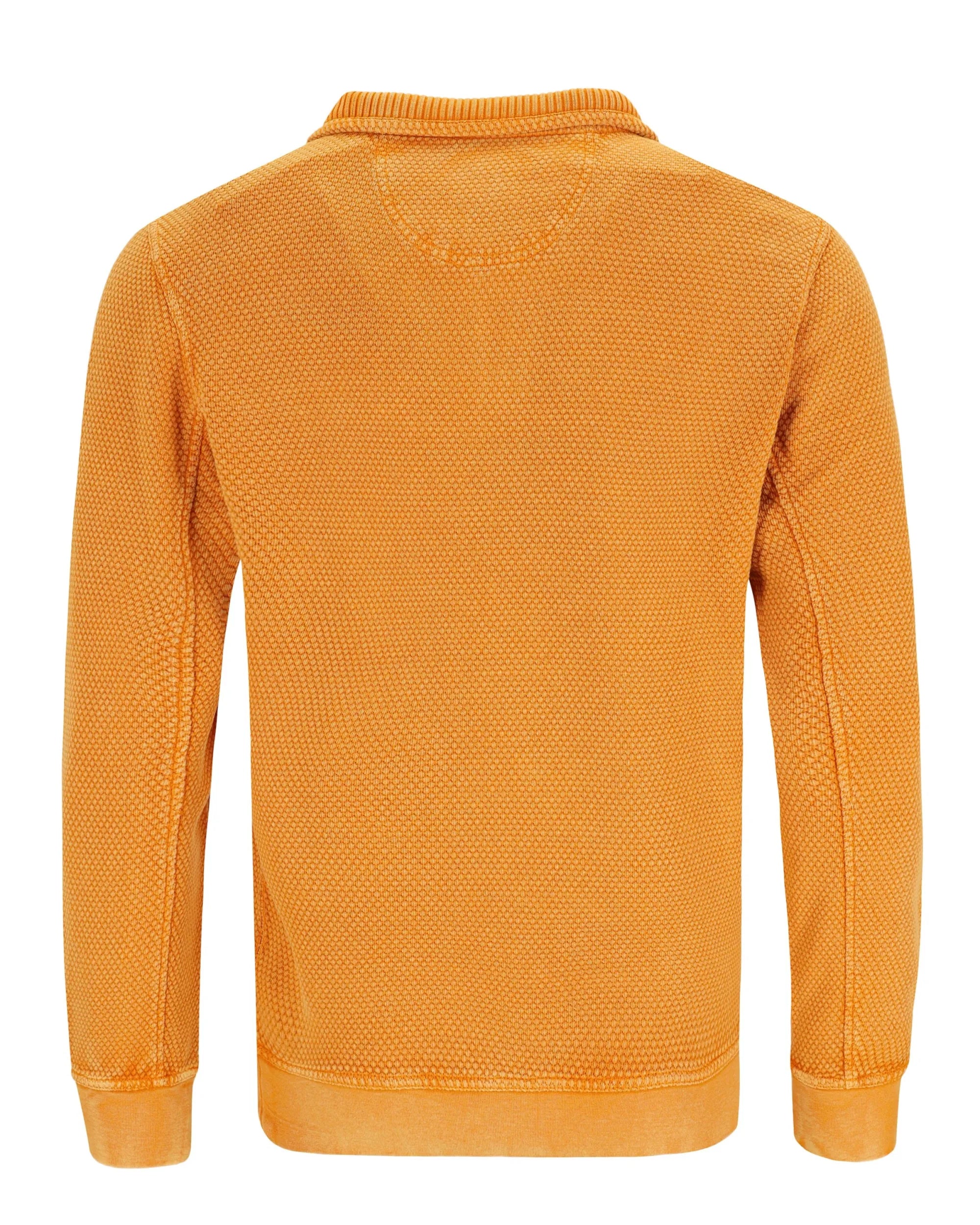 Senfgelber, strukturierter Pullover mit gerippten Bündchen und Kragen, wahrscheinlich aus Baumwolle oder Polyestermischung.