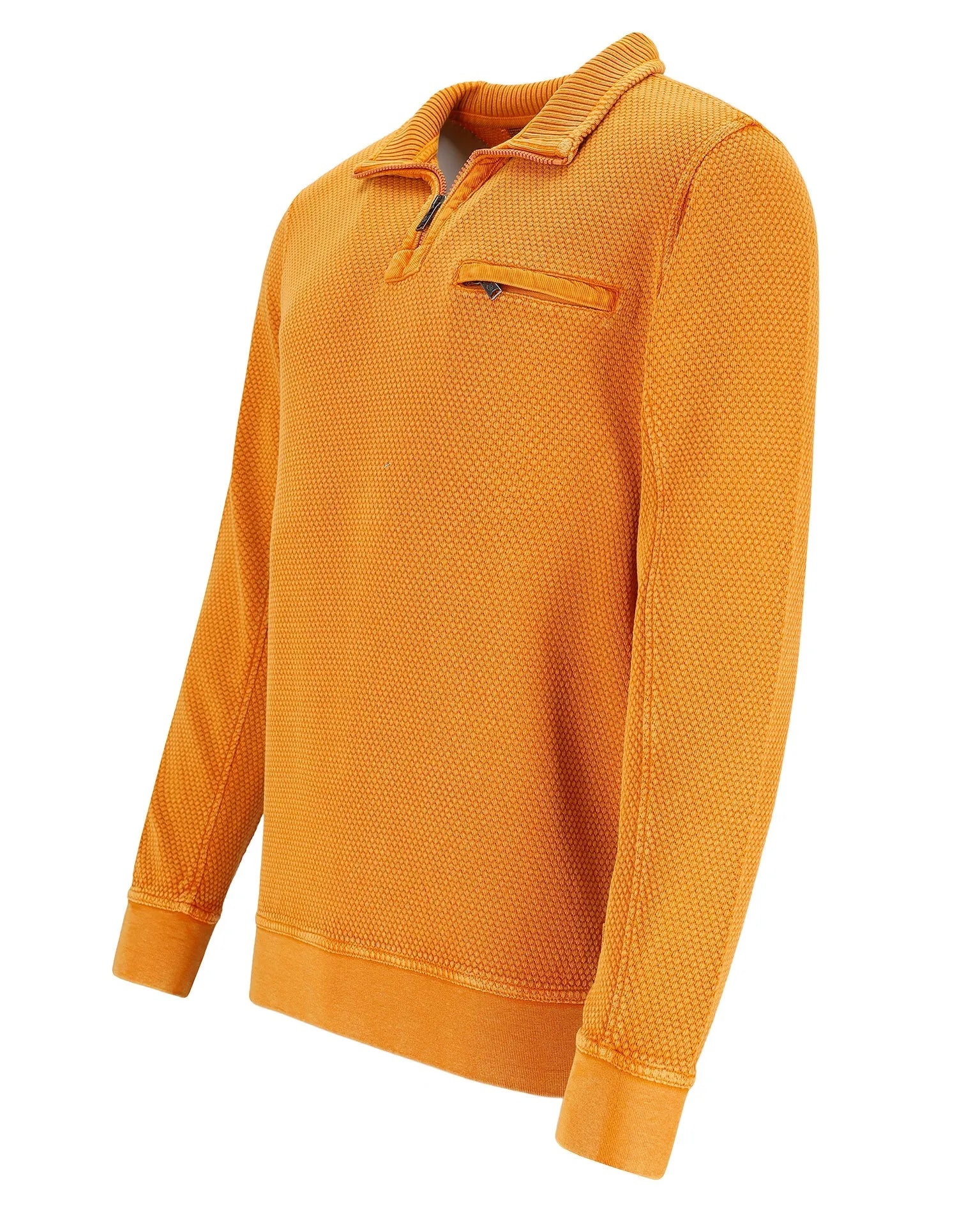 Orangefarbener strukturierter Pullover mit Reißverschluss und Taschendetails.