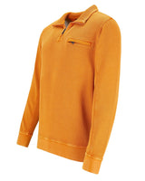 Orangefarbener strukturierter Pullover mit Reißverschluss und Taschendetails.