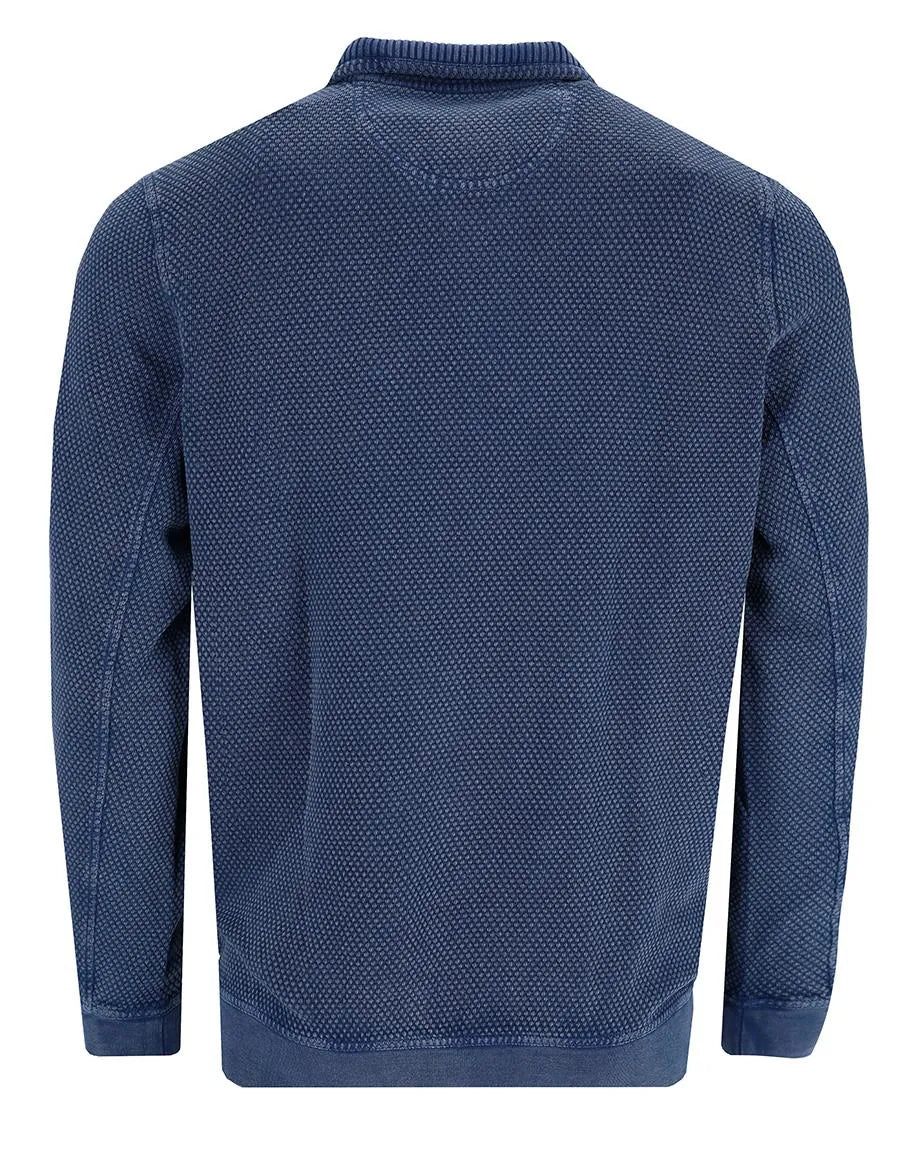 Marineblauer strukturierter Pullover mit gerippten Bündchen und Saum, wahrscheinlich aus Baumwolle oder einem ähnlichen weichen Material.