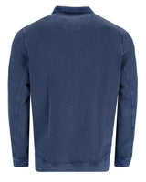 Marineblauer strukturierter Pullover mit gerippten Bündchen und Saum, wahrscheinlich aus Baumwolle oder einem ähnlichen weichen Material.