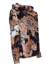 Blusensweatshirt mit Blumenmuster, schwarzem Hintergrund und beigen, braunen, weißen Blumen.