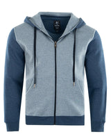 Blauer und grauer Kapuzenpullover mit Reißverschluss, Kordelzug und kontrastfarbenen Einsätzen.