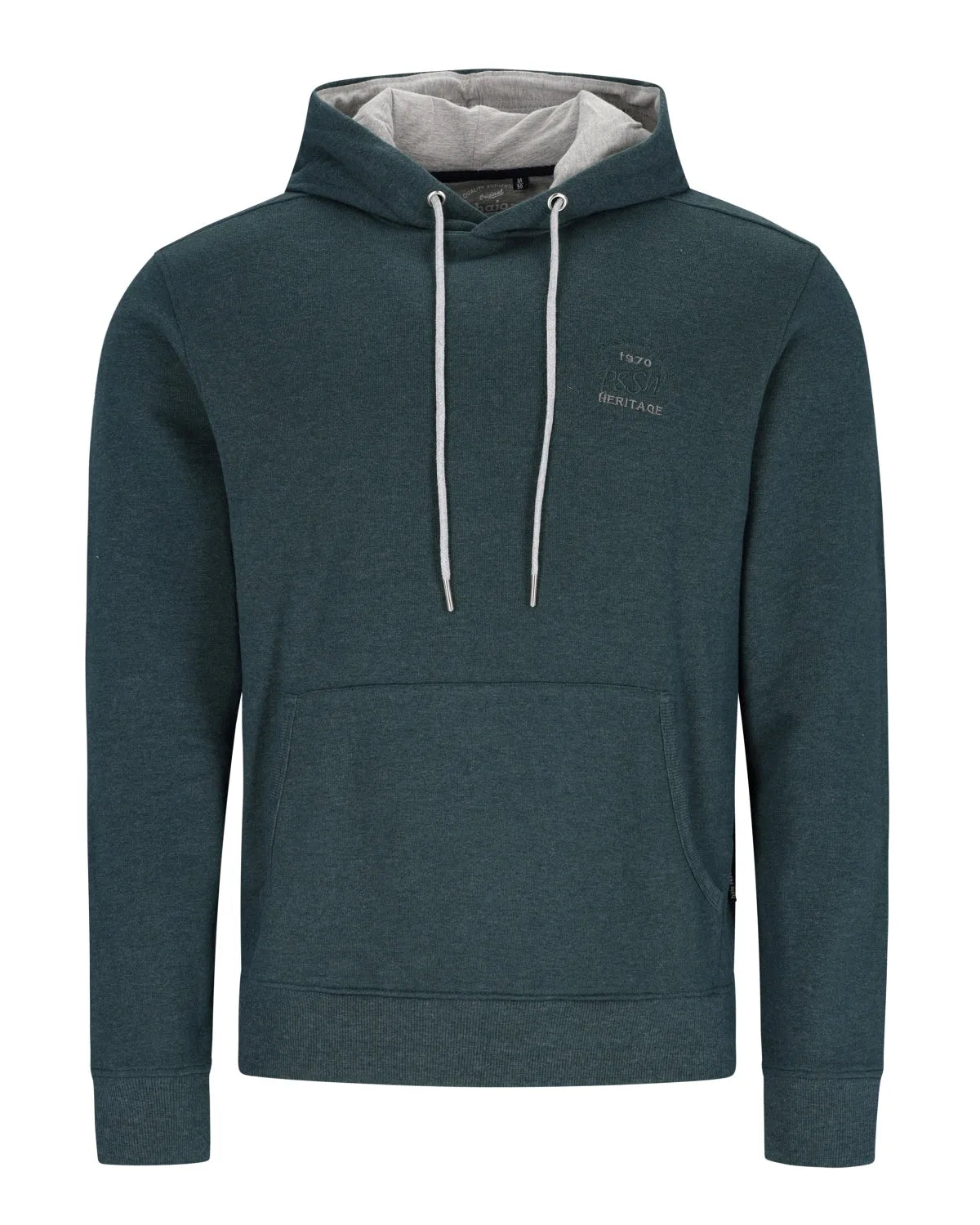 Dunkelgrüner Herren-Kapuzenpullover mit weißen Kordelzügen und einer Kängurutasche vorne.