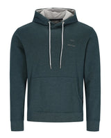 Dunkelgrüner Herren-Kapuzenpullover mit weißen Kordelzügen und einer Kängurutasche vorne.