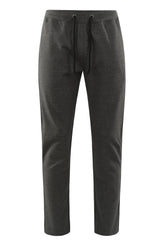 Dunkelgraue Hose mit Kordelzug und spitz zulaufendem Bein.