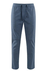 Blaue Baumwollhose mit Kordelzug, elastischem Bund und Seitentaschen.