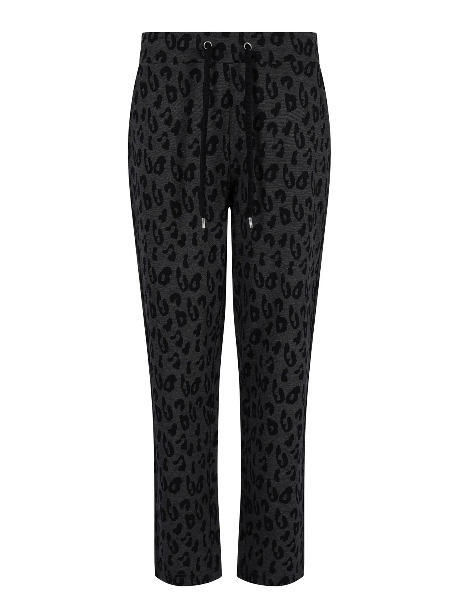 Schwarze Leopardmuster-Cropped-Hosen mit Kordelbund und Knopfleiste.