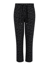 Schwarze Leopardmuster-Cropped-Hosen mit Kordelbund und Knopfleiste.