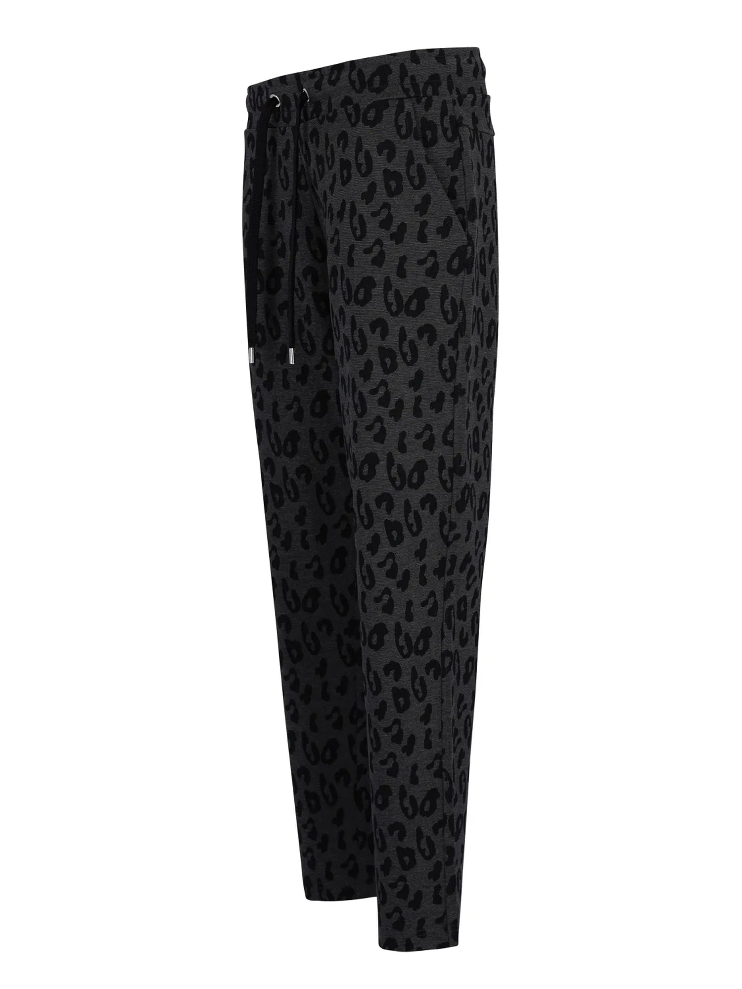 Schwarze Leopard-Print-Jogginghosen mit elastischem Bund und Seitentaschen.