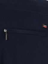Schwarze Hosenträger mit Reißverschluss-Tasche, silbernem Reißverschluss und Markenlogo.