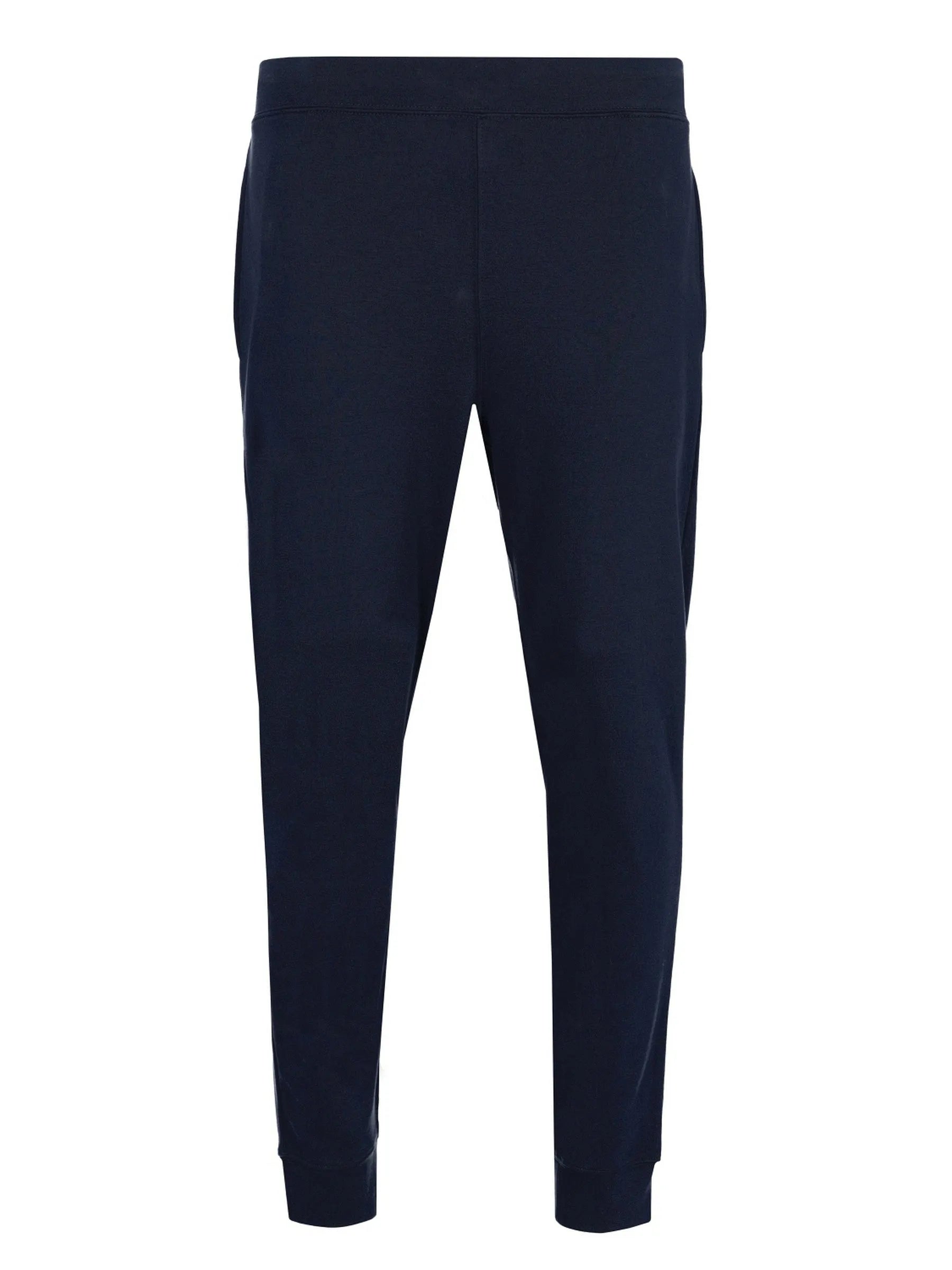 Marineblaue Jogginghosen mit weißen Seitenstreifen und elastischem Bund, möglicherweise von Hugo Boss.