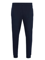 Marineblaue Jogginghosen mit weißen Seitenstreifen und elastischem Bund, möglicherweise von Hugo Boss.