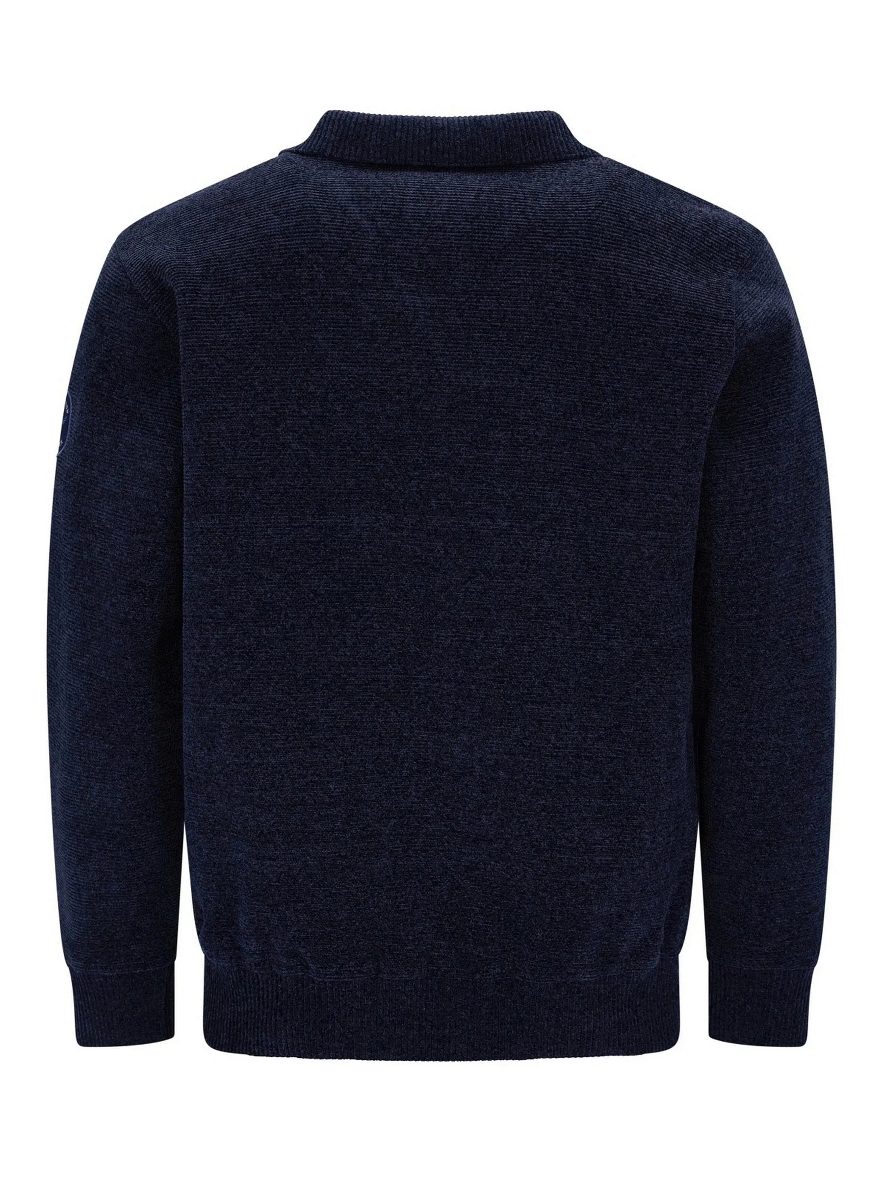 Marineblaues, strukturiertes Pullover mit hohem Kragen und langen Ärmeln.