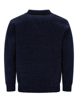 Marineblaues, strukturiertes Pullover mit hohem Kragen und langen Ärmeln.