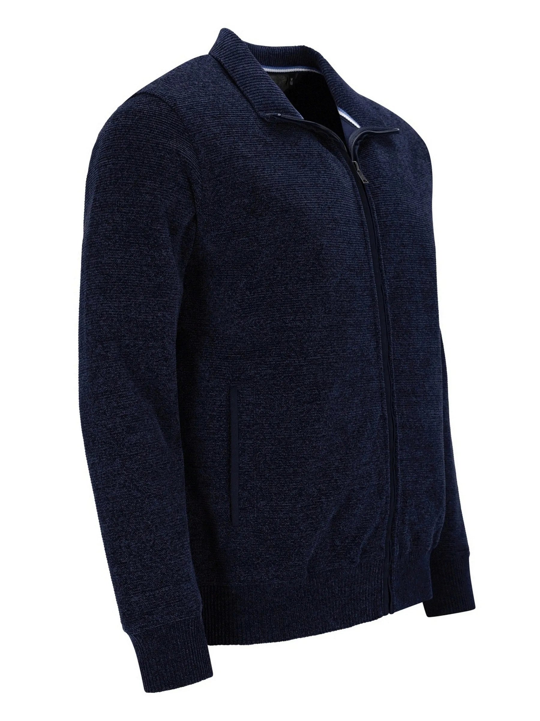 Marineblaues, strukturiertes Cardigan-Sweater mit Reißverschluss-Detail.