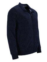 Marineblaues, strukturiertes Cardigan-Sweater mit Reißverschluss-Detail.