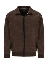 Brauner Reißverschluss-Pulli mit schwarzen Akzenten und gerippten Bündchen, Kragen und Saum.