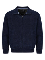 Marineblauer Reißverschluss-Pulli mit strukturiertem Muster und Kontrastkragen.