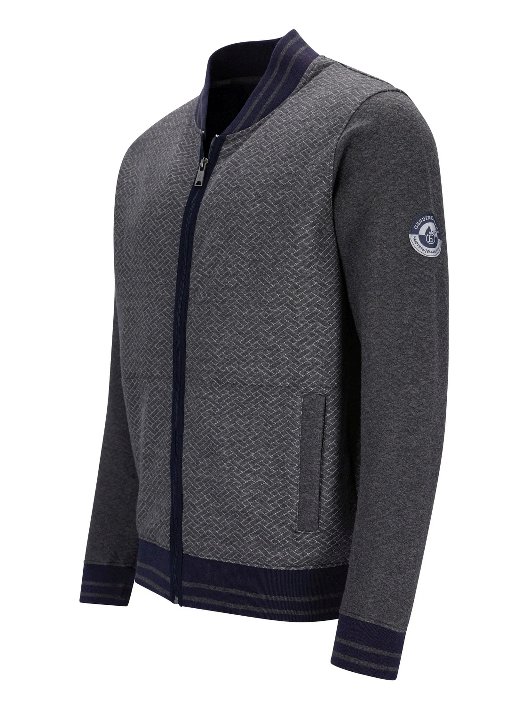 Moncler Bomberjacke mit schwarz-grauem Fischgrätmuster, Reißverschluss.