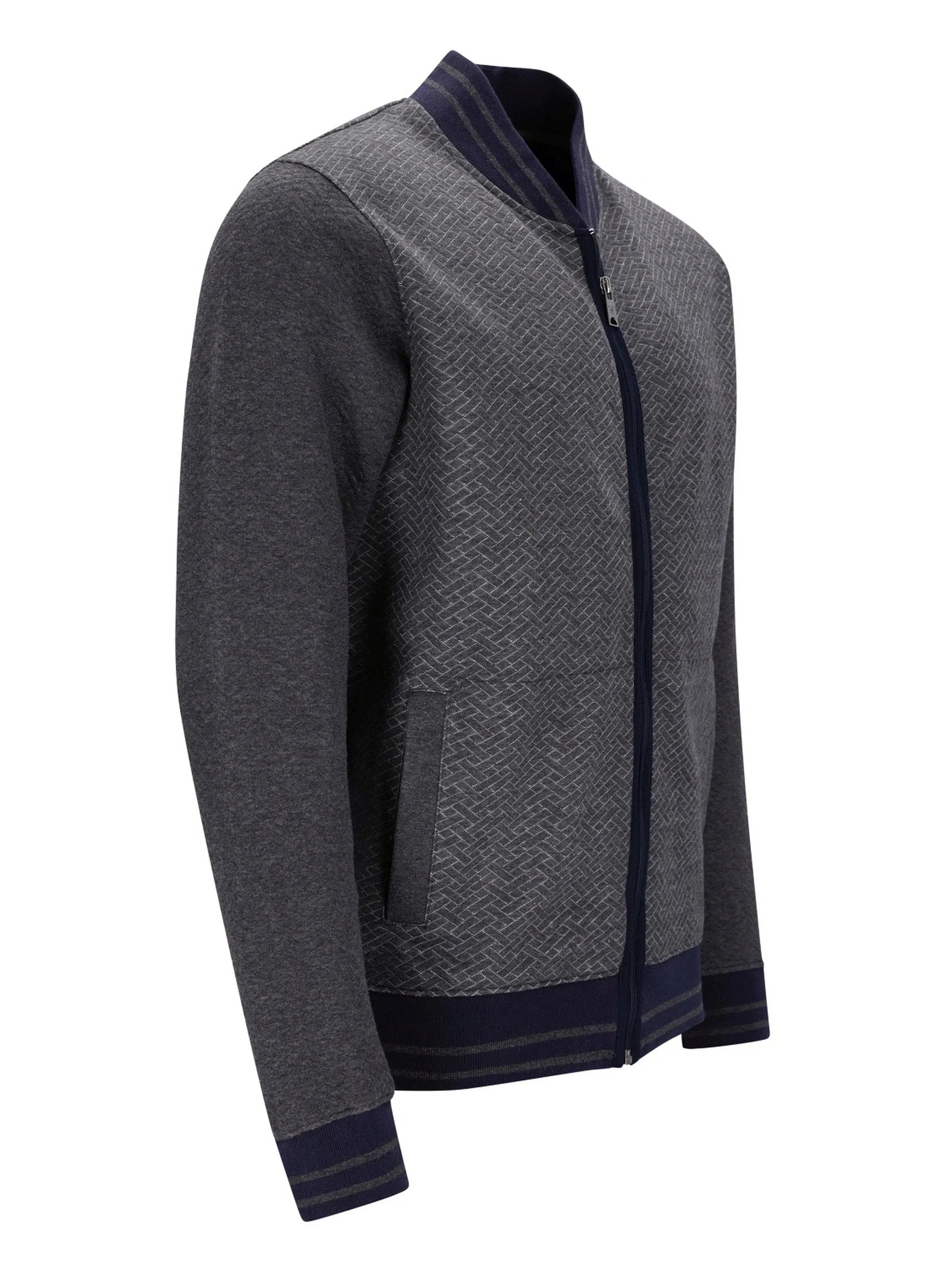 Kohle-graue und marineblaue strukturierte Bomberjacke mit schwarzem Reißverschluss.