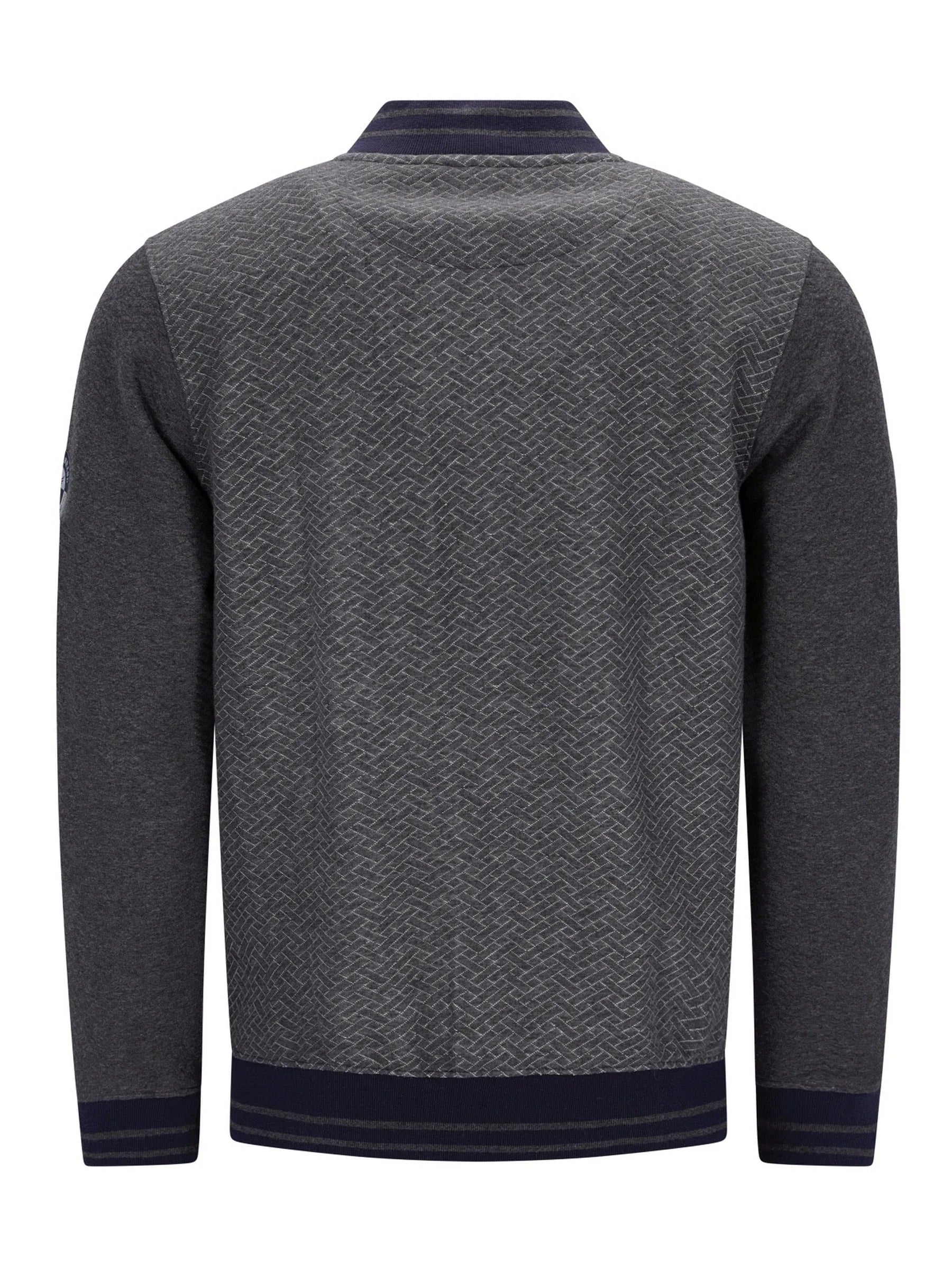 Holzkohlgrauer strukturiertes Pullover mit marineblauem Besatz und Kragen, inspiriert von einem klassischen Polo-Stil.